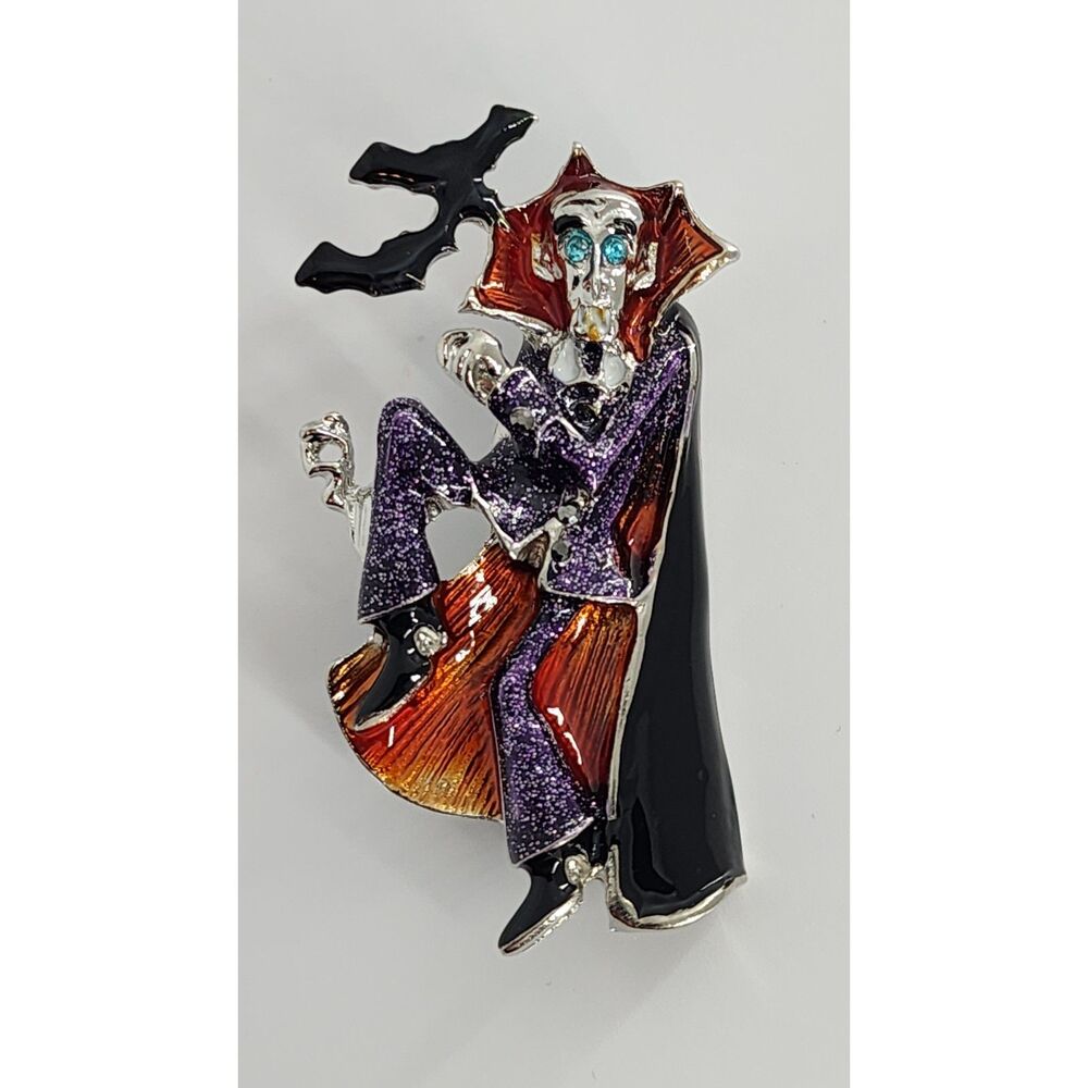 Vampire Count Dracula Brooch Halloween Bats Glitter Fun Cartoon Style
